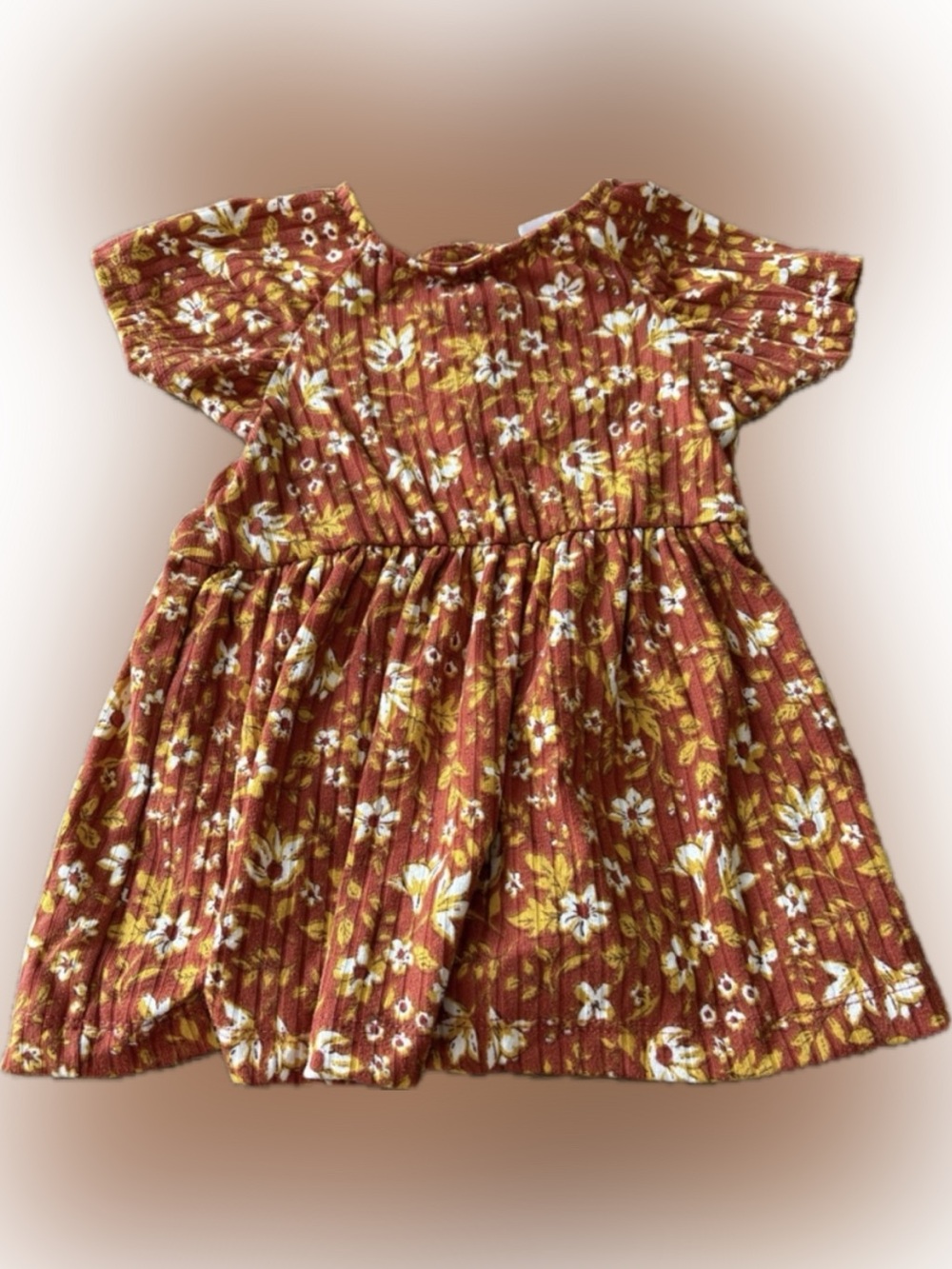 Little Lass Rust Floral Short Sleeve Dress with White & Yellow Flowers